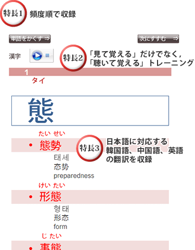 特徴1 頻度順で収録 特徴2 「見て覚える」だけでなく、「聴いて覚える」トレーニング