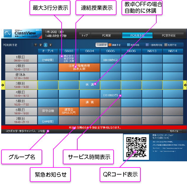最大3行分表示 連結授業表示 教卓OFF
の場合自動的に休講 グループ名 緊急お知らせ サービス時間表示 QRコード表示