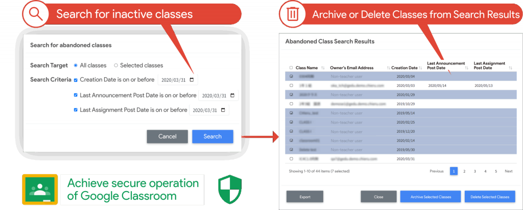 Search for inactive classes,Archive or Delete Class from Search Results